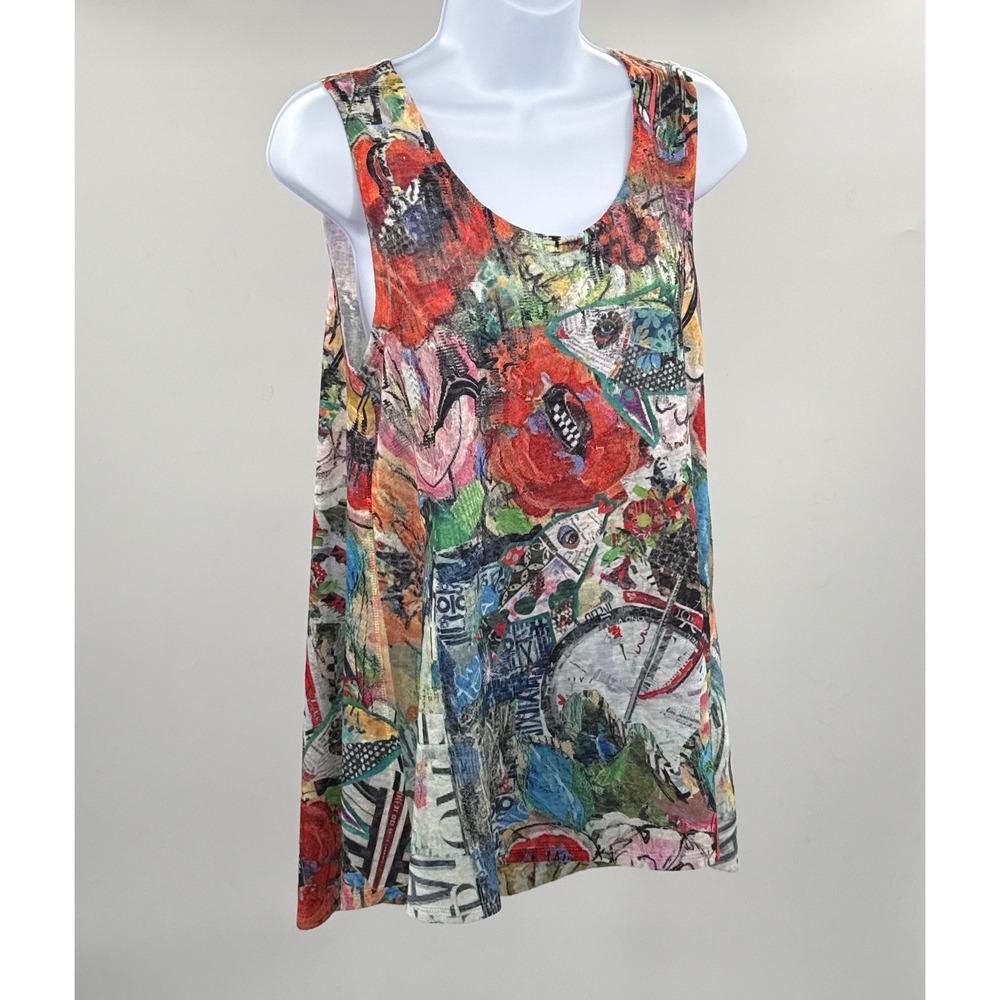 Artistic Multi Color Collage Print Sleeveless A-Line Tank Top High Low Hem
